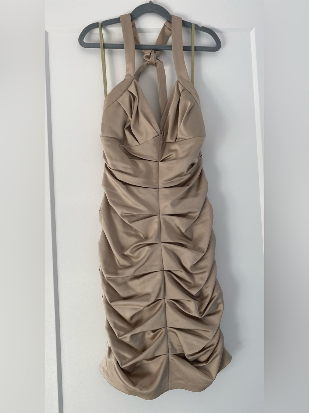 BCBGMaxAzria Taupe Ruched Halter Mini Dress
